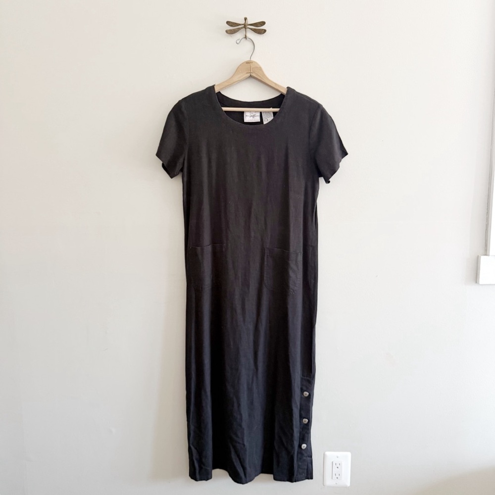 90s Minimalist Linen Blend Short Sleeve Midi Dress
